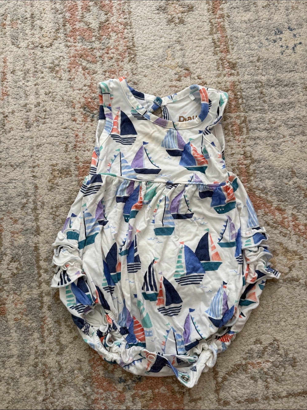 Little Sleepies 6-12 months Sailboat Print Baby Romper - White with Blue Boats